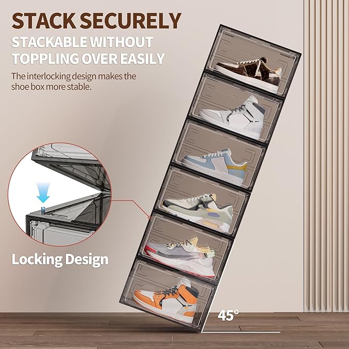 TOFWOF 12 Pack XX Large Shoe Organizer, Heavy-Duty Hard Thicken Plastic Clear Stackable Shoe Storage Box Organizer for Closet, Space-Saving Shoe Rack Display Case Bin Containers for Sneakers, Grey