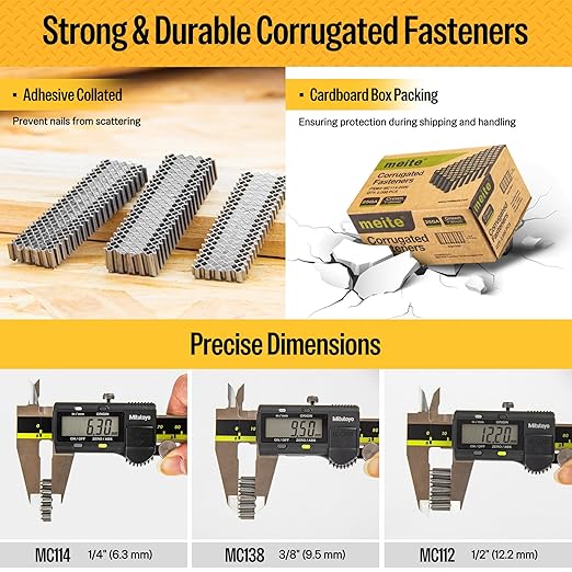 meite Corrugated Fasteners MC138 25 Gauge 1-Inch Crown 3/8-Inch Length Staples Corrugated W Fasteners for Pneumatic Corrugated Tools, for Woodworking Projects (1,200 Counts/Box)