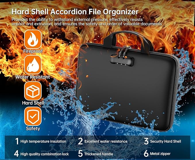 Fireproof File Organizer with Lock, Hard-Shell Case Fireproof Document Box with 13 Pockets Accordion File Folder, Important Document Organizer for Letter A4 Files Laptop Passports (Black)