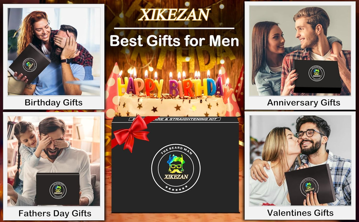 Beard Straightener w/Beard Oil & Balm & Guide E-Book,Upgraded 3 in 1 Hair Straightener Brush Beard Straightening Comb,Unique Stocking Stuffers Gifts for Men Him Dad Husband Birthday Christmas Gifts