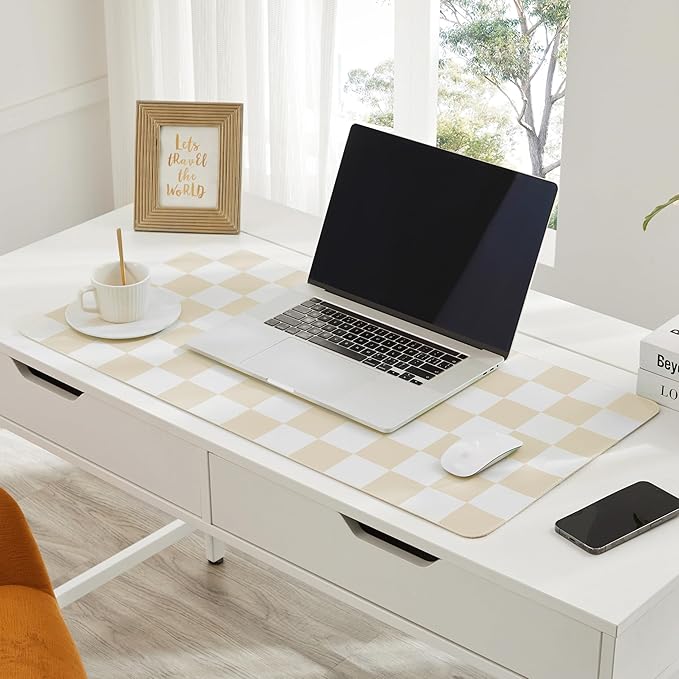 Ohocut Checkered Desk Mat, 31.5" x 15.7" Large Cute Beige Sand Aesthetic Retro Accessories, PU Leather Computer Laptop Desk Mat Mouse Keyboard Pad, Desk Writing Makeup Mat for Vanity/Work/Home Decor