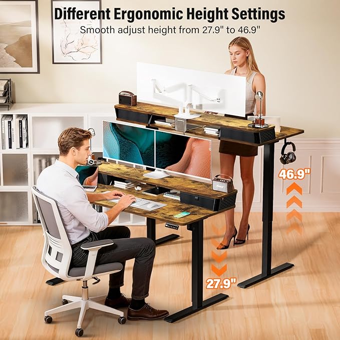 Kingant 40 x 24 Inch Electric Standing Desk with Dual Drawers, Height Adjustable Sit to Stand Computer Desk with Storage Shelf and C-Clamp Mount Compatibility for Home Office, Rustic Brown