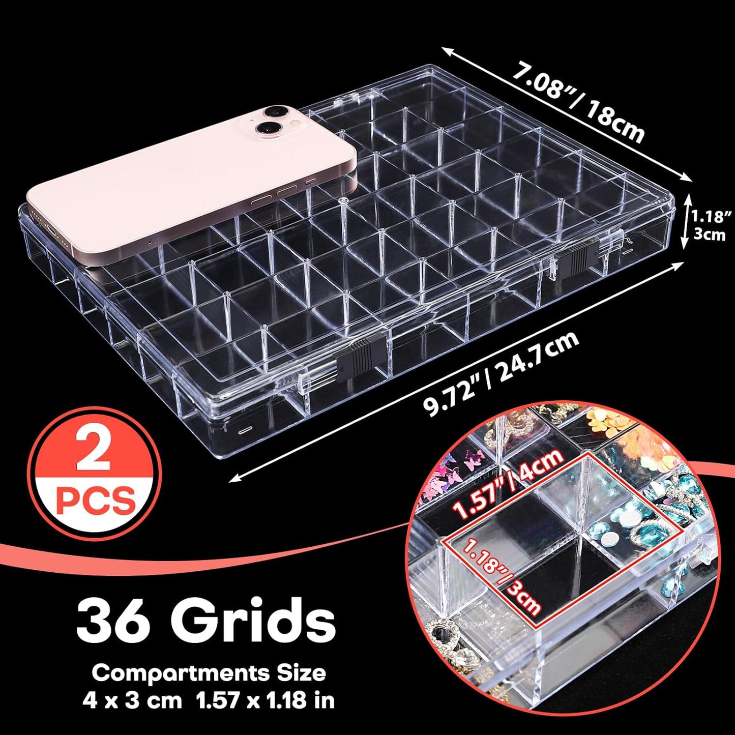 Noverlife 2 Pack 36 Grids Clear Plastic Organizer Box, Jewelry Craft Storage Container Bead Holder Nail Charm Organizer, Rock Collection Box for Fishing Tackles, Acrylic Earring Display Case for Girls