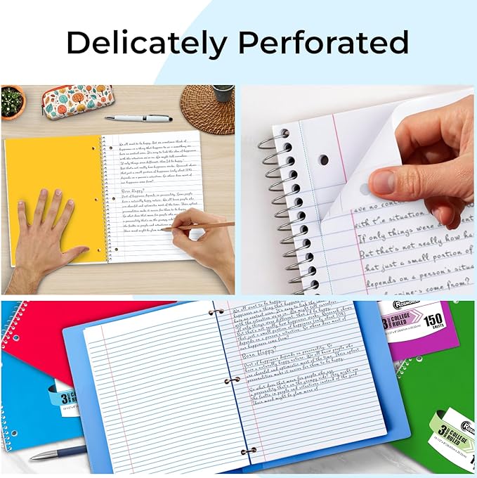 Rosmonde 3 Subject Notebook College Ruled, 6 Pack, 150 Sheets(300 Pages), No-Bleed Paper, 3 Hole Punched, 8x10-1/2, 3 Subject Spiral Notebook for School, Home & Office, Assorted Colors