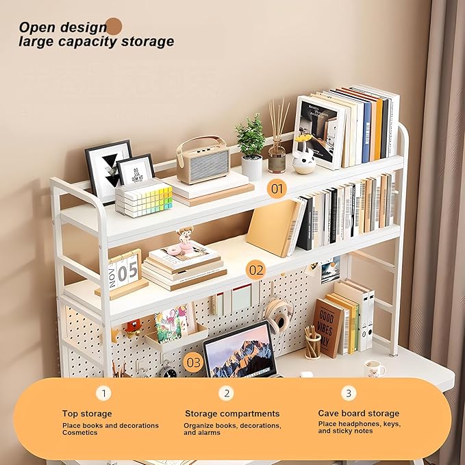 ZWCQSYS 2-Tier Desktop Bookshelf Hutch - Metal Desk Shelf Bookcase with Desk Pegboard Countertop Storage Organizer Rack for Dorm or Office (B, 70cm/27.5in)