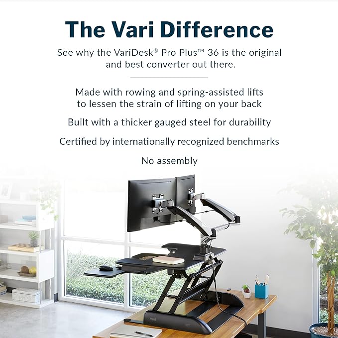 Vari VariDesk Pro Plus 36 - Adjustable Desk Converter with 11 Height Settings - Laptop Sit Stand Desk Riser for Home Office, Table Tops, Workspace - Fully Assembled with Spring Loaded Lift - Black