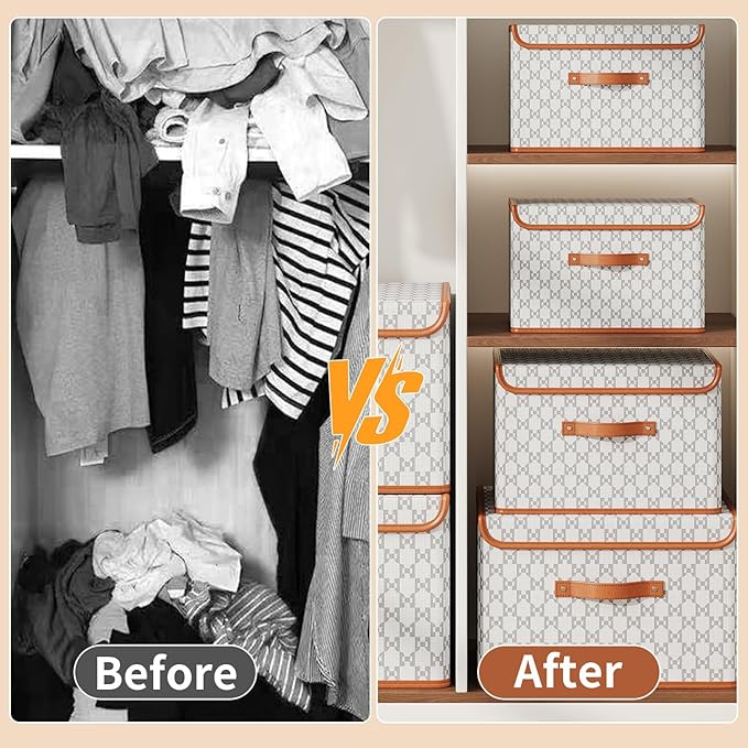 Tuza 2 Pack Fabric Storage Bins with Lids, Collapsible Closet Organizer Container, Decorative Storage Boxes with Lids for Organizing Clothes, Blanket, Grey & White, Large
