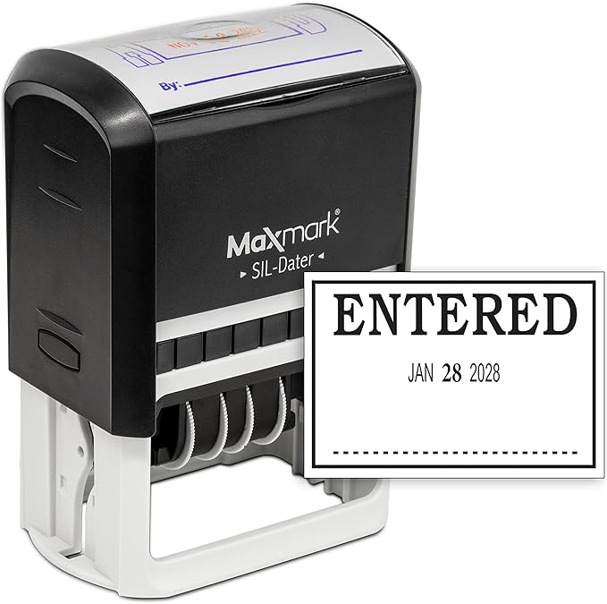 MaxMark Large Self-Inking Rubber Date Office Stamp with Entered Phrase & Date - Black Ink, 12-Year Band - Style 3