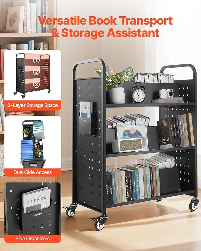 VEVOR Rolling Library Book Cart, 330 lbs Capacity, 38.2 x 20.3 x 48.2-Inch Library Cart, Double Sided W-Shaped Shelves with 3-Inch Lockable Wheels, Book Truck for Home Shelves Office and School, Black