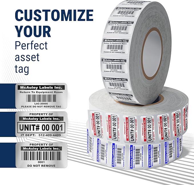 McAuley Labels Custom Asset Tags for Equipment - Numbered, Permanent - Heavy Duty Metalized Polyester, Stronger Adhesive - ID Label - 1.5x0.75 Inches