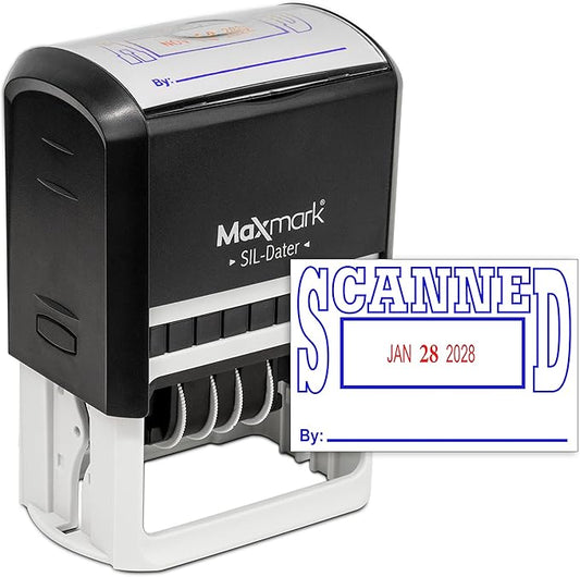 MaxMark Large Self-Inking Rubber Date Office Stamp with Scanned Phrase & Date - Blue/Red Ink, 12-Year Band - Style 5