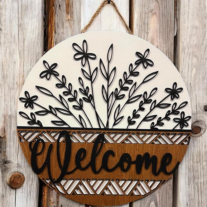 Wood front door sign Wood sign Home decor Welcome sign Sign for front door House warming gift Wedding gift (Wildflower 2.0-DS033(NB) P002, 18" Width)