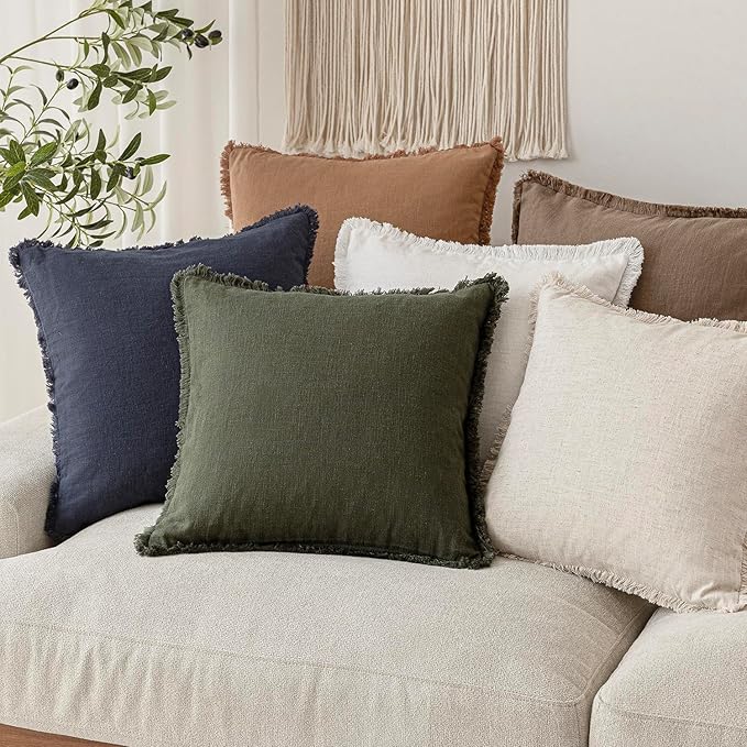 Foindtower Set of 2 Decorative Linen Fringe Throw Pillow Covers Farmhouse Cushion Cover with Tassels Accent Pillowcase for Couch Bed Sofa Living Room Home Bedroom Decor,12×24 Inch,Dark Olive Green