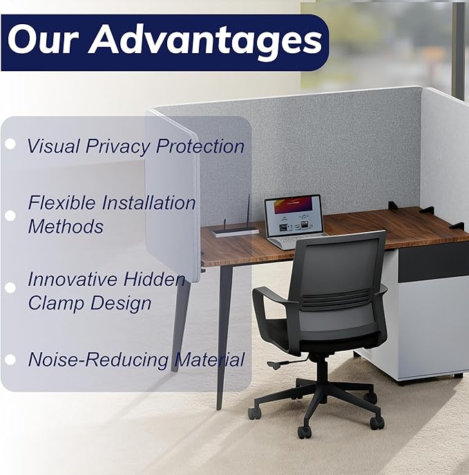 KERRAM Desk Privacy Panel 24 x 60 Inch, Sound Absorbing & Proof Desk Divider for Office, Clamp-on/Screw-on Acoustic Desk Back Panel Partition, Gray