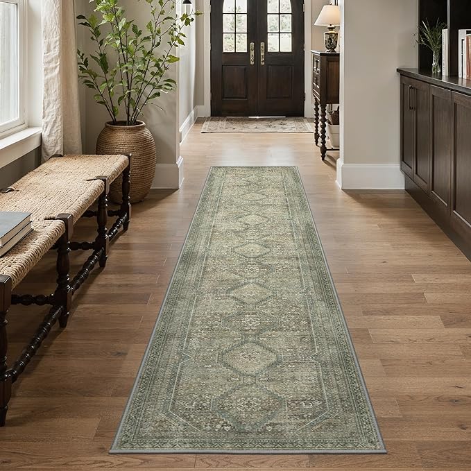 GENIMO Runner Rug 2x12 Non Slip Machine Washable Hallway Runner Rug, Low Pile Lightweight Rugs for Entryway, Hallway, Kitchen and Corridor, Sage/Blue