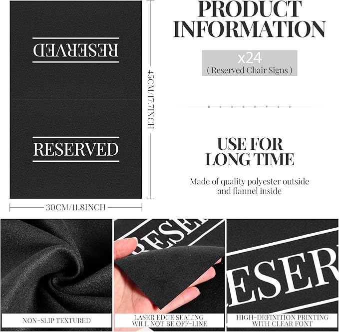 Buryeah 24 Pcs Reserved Seating Signs for Chairs Church Pew Reserved Chair Signs Placeholder with Printed Words for Weddings Parties Celebrations Receptions Church or Event (Black,White)