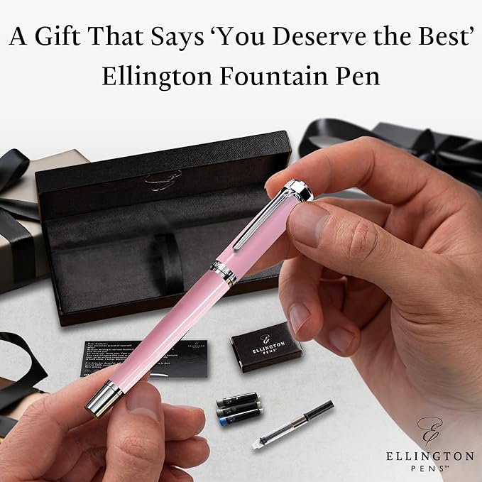 Ellington Pens Luxury Fountain Pen Set - Smooth Fine Nib - Includes 3 Ink Cartridges, Refillable Ink Converter, Gift Box - Fountain Pens For Writing, Calligraphy, Journaling, Sketching (Rosy Flair)