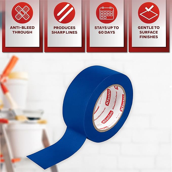 XFasten Blue Painters Tape 3 Inch Wide x 180 Feet Bulk (24-Pack, 4320ft Total) Wall Safe UV-Resistant Blue Masking Tape 3 Inch Wide for Indoor and Outdoor Walls, Painting, Wood, Automotive