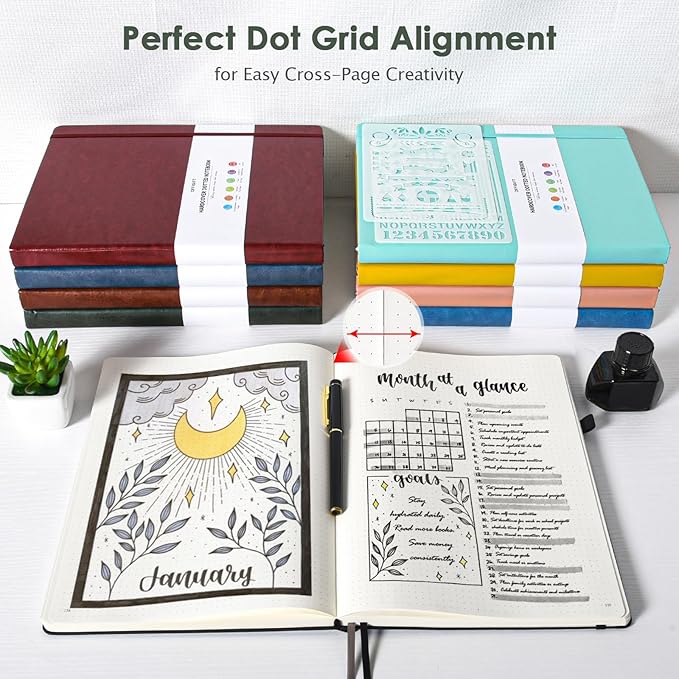 OFFIGIFT Bullet Dotted Journal Notebook, 312 Numbered Pages A5 Hardcover Leather Journal, 100gsm No Bleed Paper Dot Grid Notebook with Index Pages, Dot Journal for Women Men, 5.75" x 8.38", Green