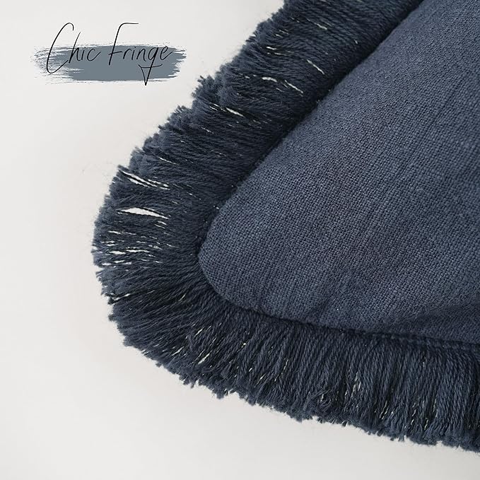 Foindtower Set of 2 Decorative Linen Fringe Throw Pillow Covers Cozy Boho Farmhouse Cushion Cover with Tassels Soft Accent Pillowcase for Couch Sofa Bed Living Room Home Decor, 22×22 Inch, Navy Blue