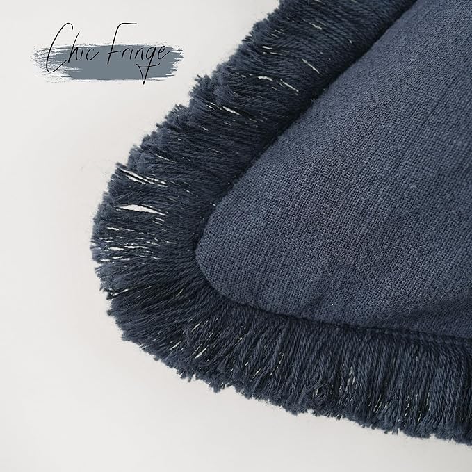 Foindtower Set of 2 Decorative Linen Fringe Throw Pillow Covers Cozy Boho Farmhouse Cushion Cover with Tassels Soft Accent Pillowcase for Couch Sofa Bed Living Room Home Decor,18×18 Inch,Navy Blue