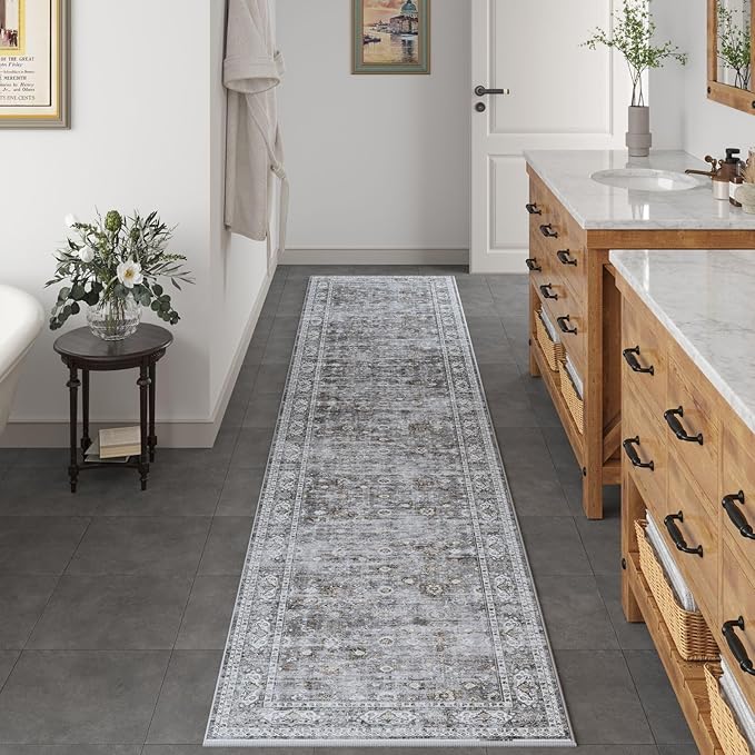 Rugcomf Washable Kitchen Runner 2'7"x12' - Long Hallway Runner Rug Non Slip, Boho Carpet for Hallways, Entryway, Hall, Bathroom - Grey