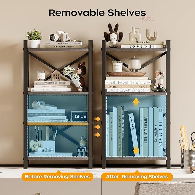 Homeiju Desktop Bookshelf, 4-Tier Stackable Narrow Desk Bookcase, Adjustable Industrial Desk Organizer Display Shelf, Wood Desktop Book Organizer for Living Room, Bedroom and Home Office(Grey)