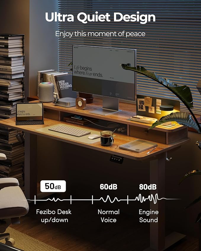 FEZIBO 60 x 24 Inch Height Adjustable Electric Standing Desk with Double Drawer, Stand up Home Office Computer Desk with 4 Height-Adjustable Feets & 2 Hooks, Maple