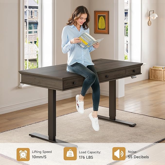 ONBRILL Standing Desk with Drawers, 55 x 23 Inch Electric Height Adjustable Desk with Storage & Outlets, for Computer Workstation, Home Office, Retro Curved Table Corner Design, Black Walnut
