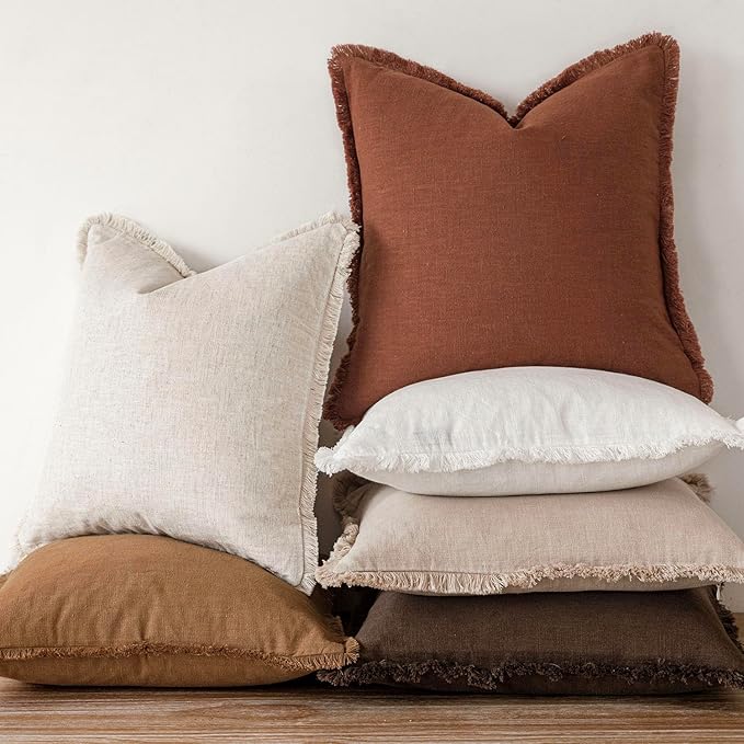 Foindtower Set of 2 Decorative Linen Fringe Throw Pillow Covers Cozy Boho Farmhouse Cushion Cover with Tassels Soft Accent Pillowcase for Couch Sofa Bed Living Room Home Decor,16×16 Inch,Orange Brown