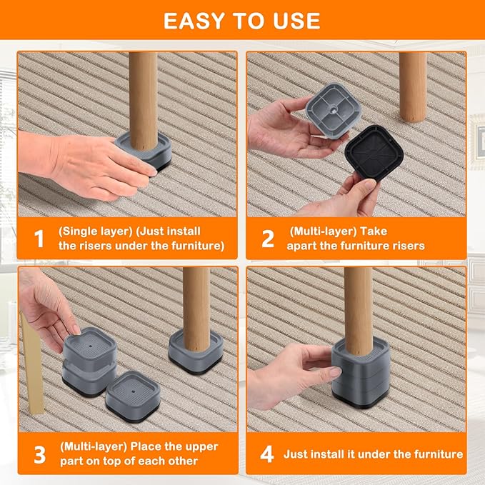 shouwuhho 16 Pack Furniture Risers Adjustable Bed Risers Heavy Duty Lifts Height 1", Square Stackable Bed Risers 1, 2 or 3 Inch for Desk Leg Table Couch Sofa Chair Bed Frame Legs Dorm, Gray