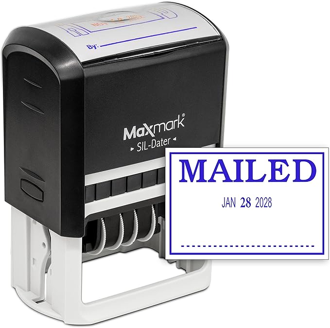 MaxMark Large Self-Inking Rubber Date Office Stamp with Mailed Phrase & Date - Blue Ink, 12-Year Band - Style 3