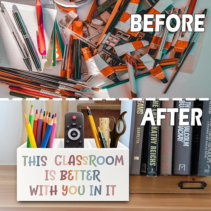 XPH Boho Classroom Pen Pencil Holder Organizer for Desk, Inspirational Gifts, This Classroom is Better with You In It Wooden Box Sign for Home Office Desk Tabletop Decorations