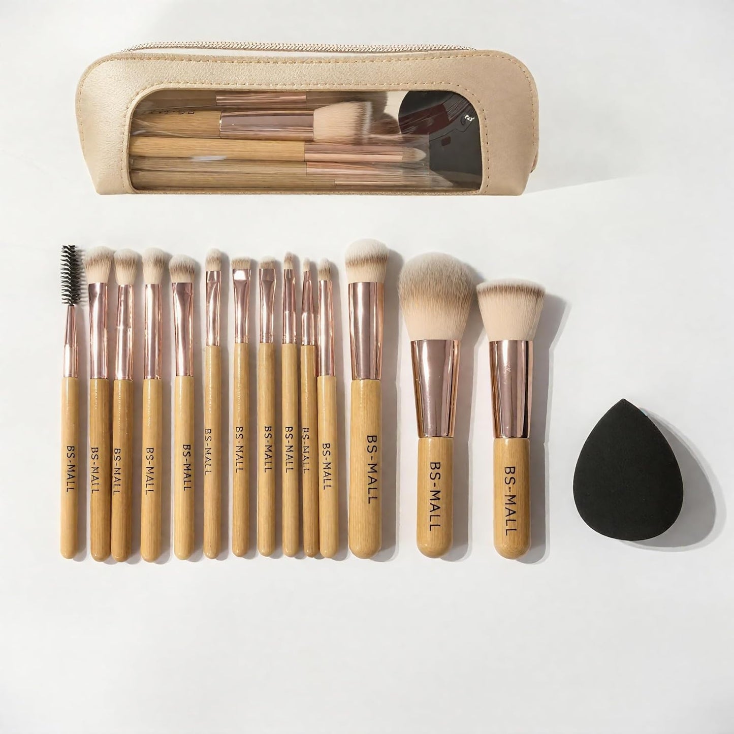 BS-MALL 14 Pcs Makeup Brushes Set with 1 Pcs Makeup Sponge – Essential Foundation Powder Concealers, Eye Shadows, Blush Makeup Brushes with Travel Makeup Case (Bamboo)