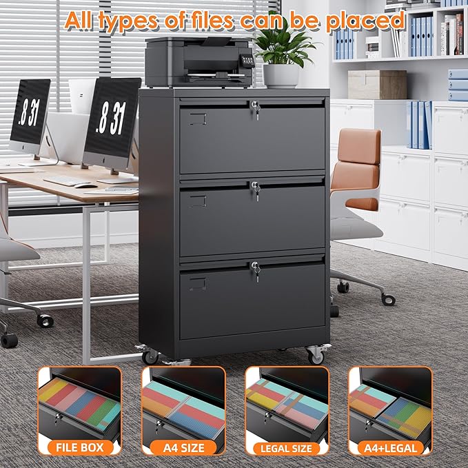 METAN Upgrade 3 Drawers Lateral File Cabinet on Wheels,Steel Office Filing Storage Cabinet with 3 Locks,Assembly Required,Black