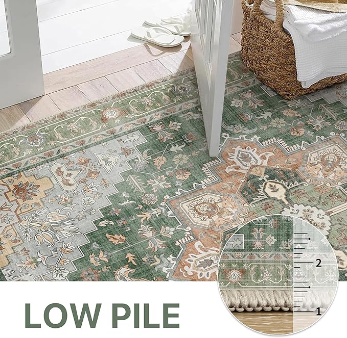 GENIMO 2x7 Runner Rugs for Hallway, Machine Washable Non Slip Vintage Rugs, Low Pile Lightweight Soft Print Rug for enrtyway, Corridor, Home Office, Kitchen,Sage Green