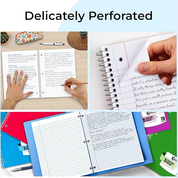 Rosmonde 1 Subject Notebook College Ruled, 6 Pack, 70 Sheets (140 Pages), 8 x 10-1/2", 3 Hole Punched Notebooks, Thick No-Bleed Paper, Sturdy Back, College Ruled Notebook for School, Assorted Colors