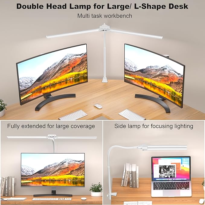 KableRika Desk lamp,Double Head LED Desk Lamp with Clamp,Architect Desk Lights for Home Office,Eye-Caring Desktop Office Lamp 4-Brightness 4-Color Table Lamp for Monitor Workbench Reading White