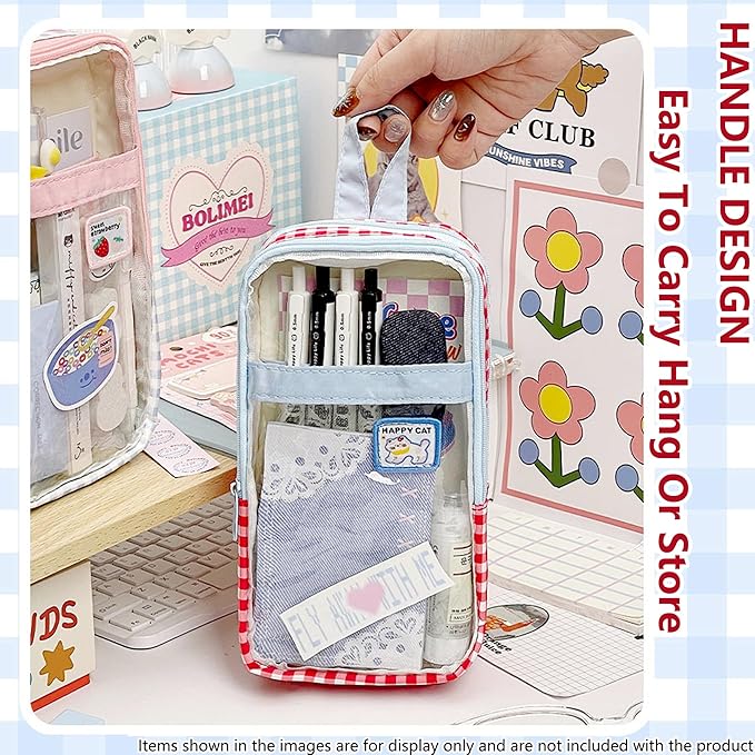 UINSUE Cute Pen case Adorable Bunny Transparent 3-Layer Large Capacity Pencil Case Gadget organizer with Lovely Stickers (Blue Plaid)