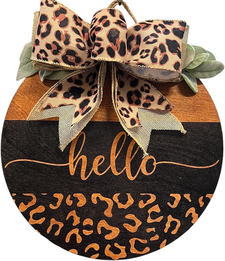 Wood front door sign Wood sign Home decor Welcome sign Sign for front door House warming gift Wedding gift (Hello Cheetah-UV025(A39) S003, 18" Width)