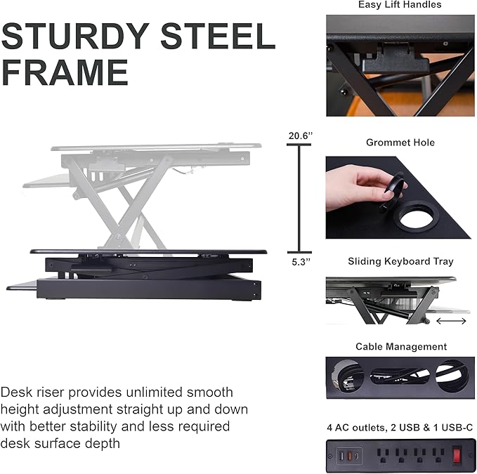 Rocelco 40" Height Adjustable Standing Desk Converter with AC Outlet USB Charger and Dual Monitor Arm Mount - Sit Stand Up Tabletop Riser - Sliding Keyboard Tray - Black (R DADRB-40-ACUSB-DM2)