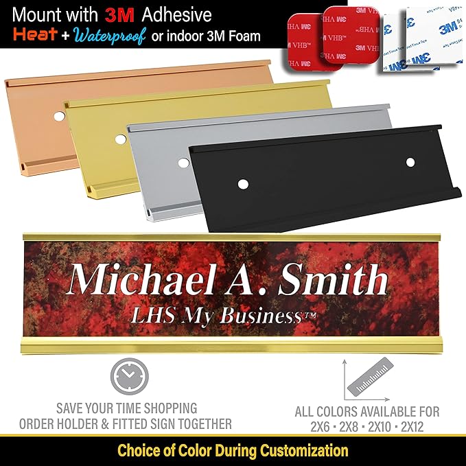 Personalized Name Plate with Choice of Mounting Holders for Walls, Doors, Cubicles, Hanging and More - Custom Gloss Rustico Granite Plastic White Letters - USA Made 2x12 - S2