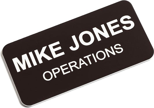 Custom Engraved Name Tag Badges – Personalized Identification with Pin or Magnetic Backing, 1.5 Inches x 3 Inches, Dark Brown/White