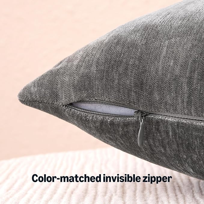 Amazon Basics Chenille Throw Pillow Covers, Home Decor Cushion Cover for Bedroom Living Room Couch Bed, 20" W × 20" L, Dark Gray