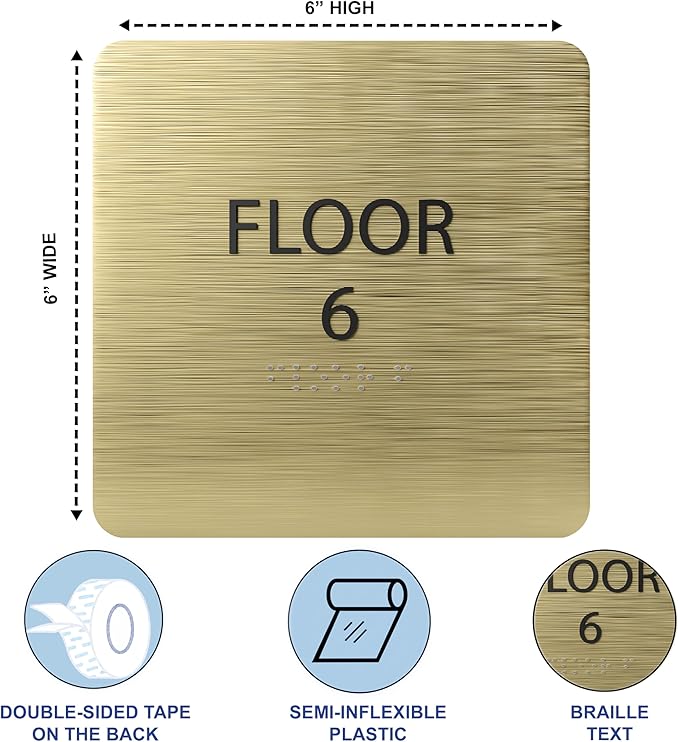 Khaki w/Black ADA Floor 6 Sign with Braille – Made from Durable Acrylic and Ready to Mount