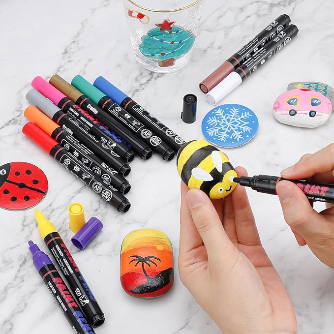 Craiiby White Paint Pens Paint Markers - 12 Pack Permanent Quick Dry Waterproof Marker Pens for Rocks Wood Fabric Plastic Canvas Glass Mugs Metal Tire Stone