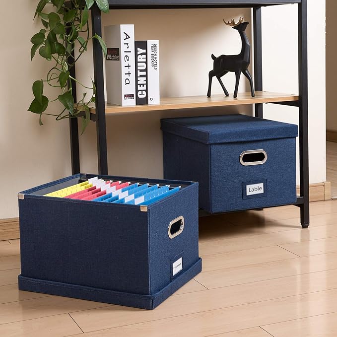 PRANDOM File Organizer Box - Set of 1 Collapsible Decorative Linen Filing Storage Hanging File Folders with Lids Office Cabinet Letter/Legal Size Navy Blue (17x14x11.2 inch)
