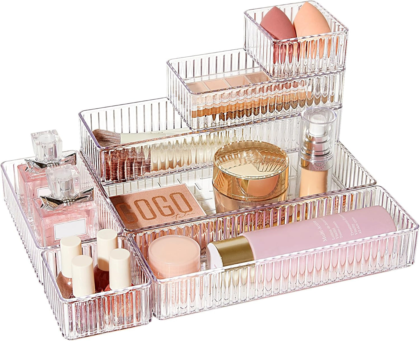 Vtopmart 7 PCS Clear Drawer Organizers Bins, 4-Size Stackable Makeup and Vanity Drawer Organizer Trays, Acrylic Bathroom Drawer Storage Containers for Cosmetic, Office Supply, Kitchen Utensils Gadgets