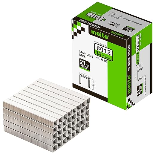 meite 21 Gauge 1/2-inch Crown Upholstery Staples, 304 Stainless Steel with 1/2-inch Leg Length, Heavy Duty Staples for Staple Gun MT8016 (10 Boxes)