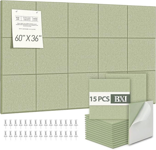 BXI Felt Bulletin Board - 60 X 36 Inches, 15 Pcs Self-Adhesive Decor Cork Boards with 30 Pushpins, Sturdy Acoustic Wall Panels for Office Work, Poster Pin Tiles for Teen Dorm Room Kitchen Classroom
